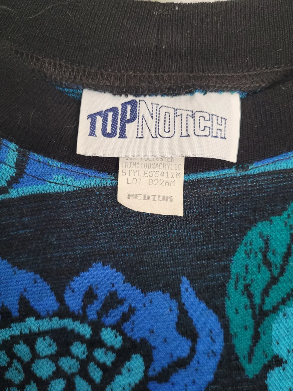 Vintage Top Notch Womens Floral Knit Crew Neck Sweater M Black Blue Teal